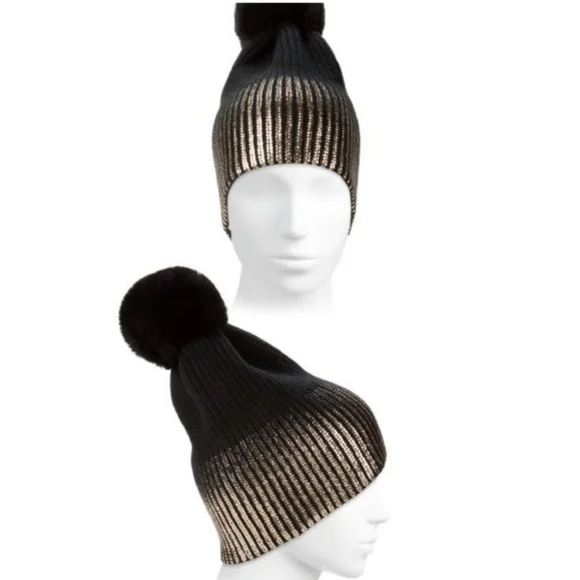 Jocelyn Metallic Knit Beanie with Black Pom Pom. OS Metallic Wool Blend Knit Hat with Toscana Shearling Lamb Pompom main image 4